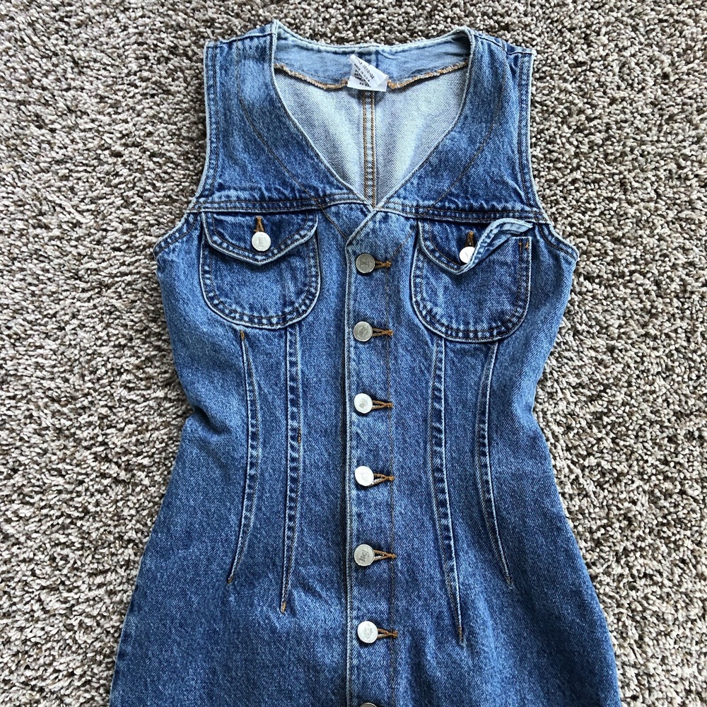 Vintage 90s Bongo Denim Dress Size 1 Maxi Midi Button Up Cowgirl Grunge V-Neck - Picture 3 of 10
